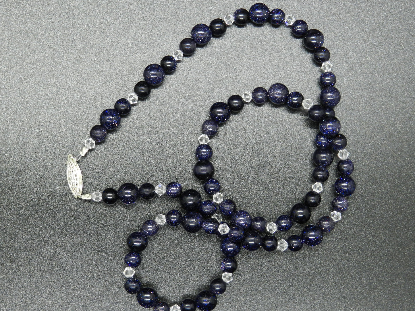 Blue Goldstone Beaded Necklace with Clear Swarovski Crystal and Sterling Filigree Clasp