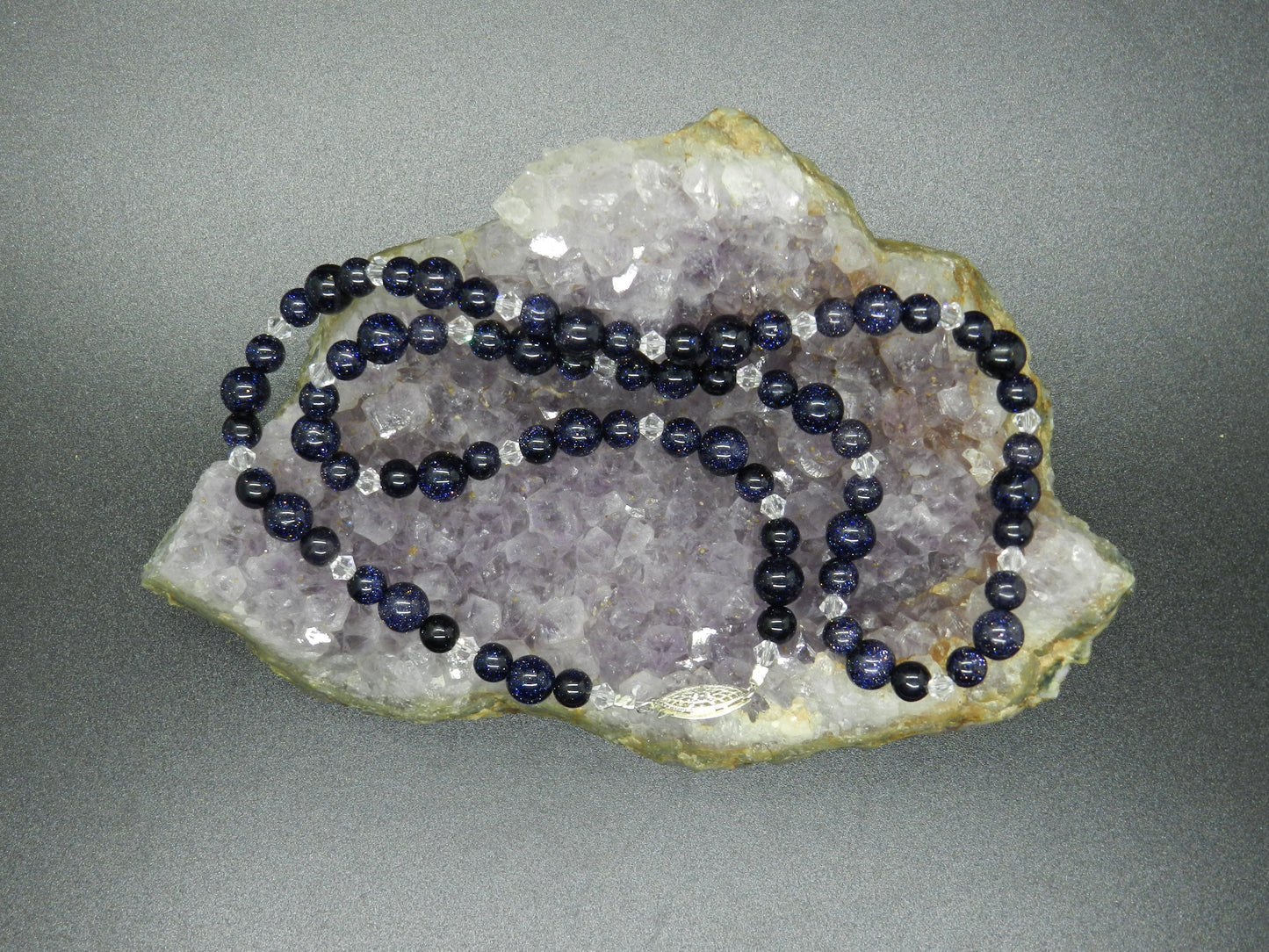 Blue Goldstone Beaded Necklace with Clear Swarovski Crystal and Sterling Filigree Clasp