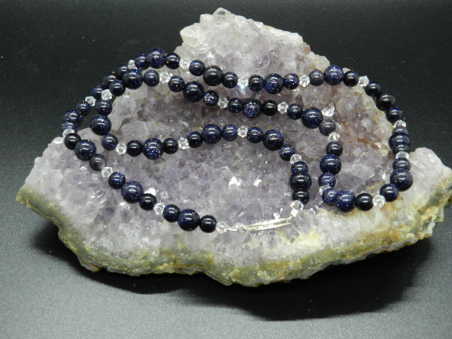 Blue Goldstone Beaded Necklace with Clear Swarovski Crystal and Sterling Filigree Clasp