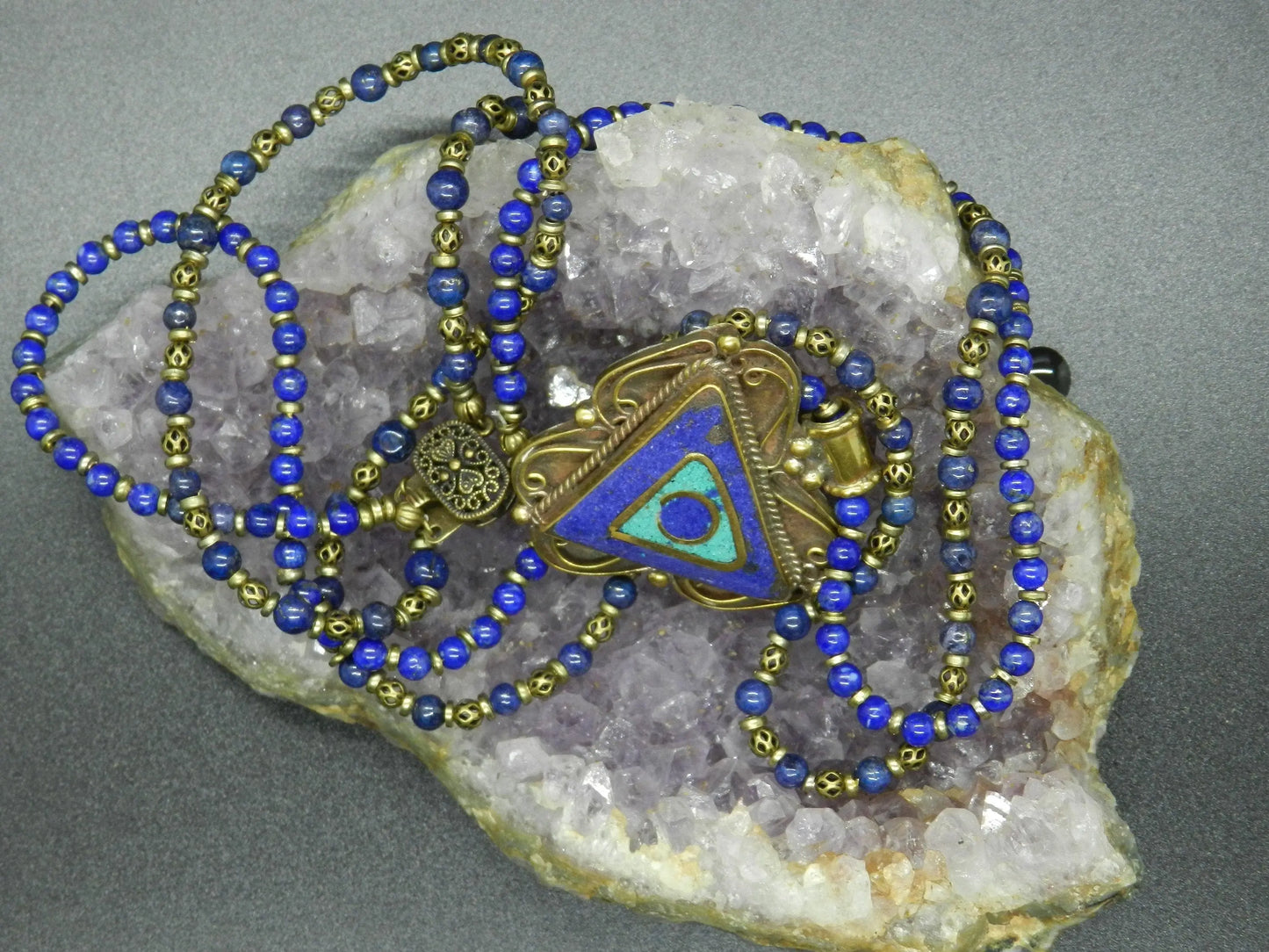 AA Lapis Lazuli Necklace with Lapis and Turquoise Pendant, 2 Strand, 24" Necklace, 2" Triangular Brass Pendant Etsy