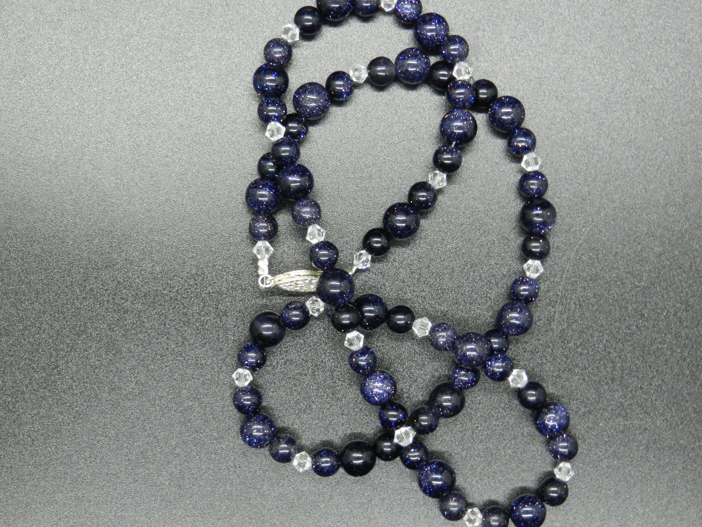Blue Goldstone Beaded Necklace with Clear Swarovski Crystal and Sterling Filigree Clasp