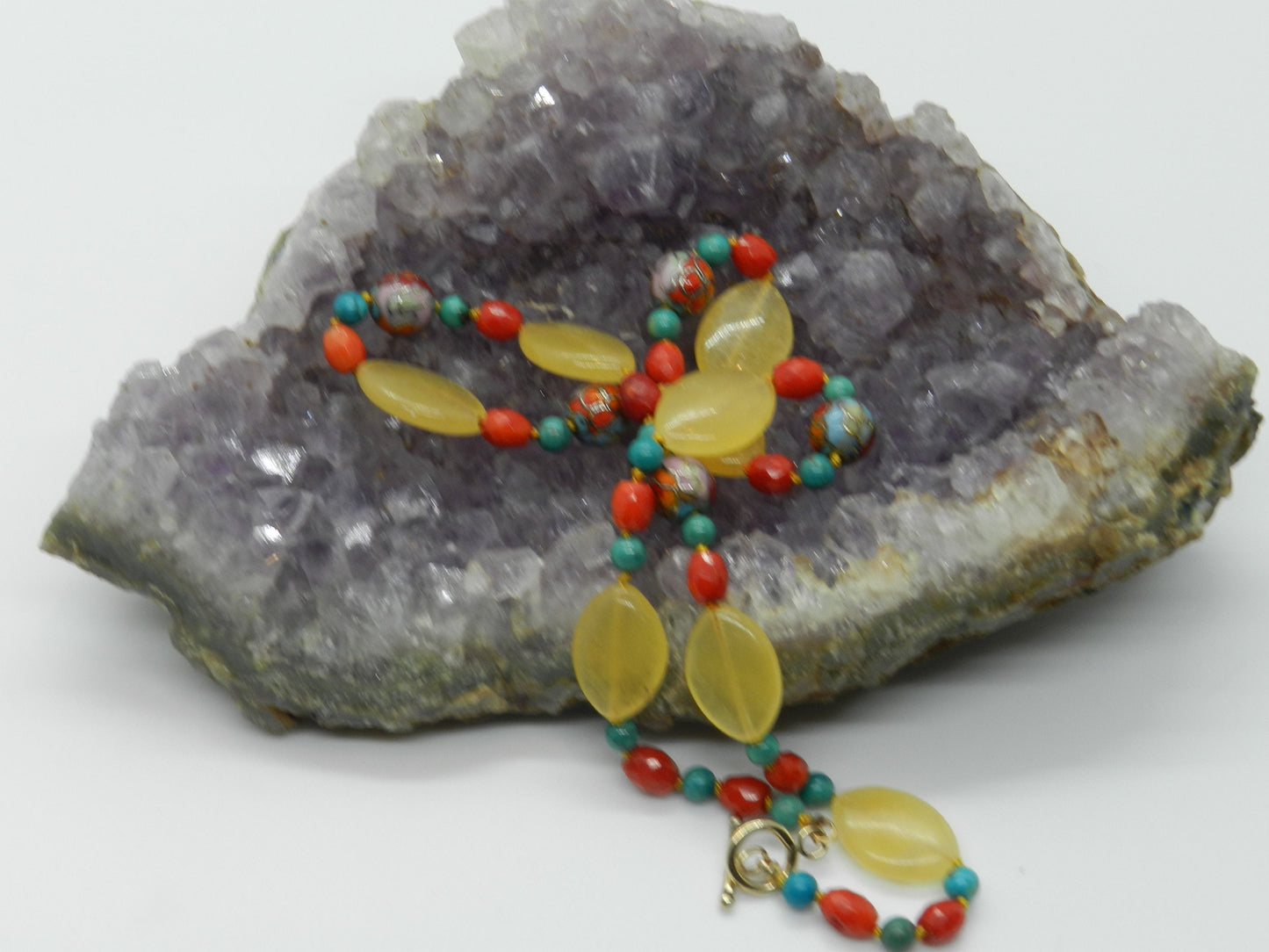 16 Inch Cloisonné, Coral, Calcite and Turquoise Necklace