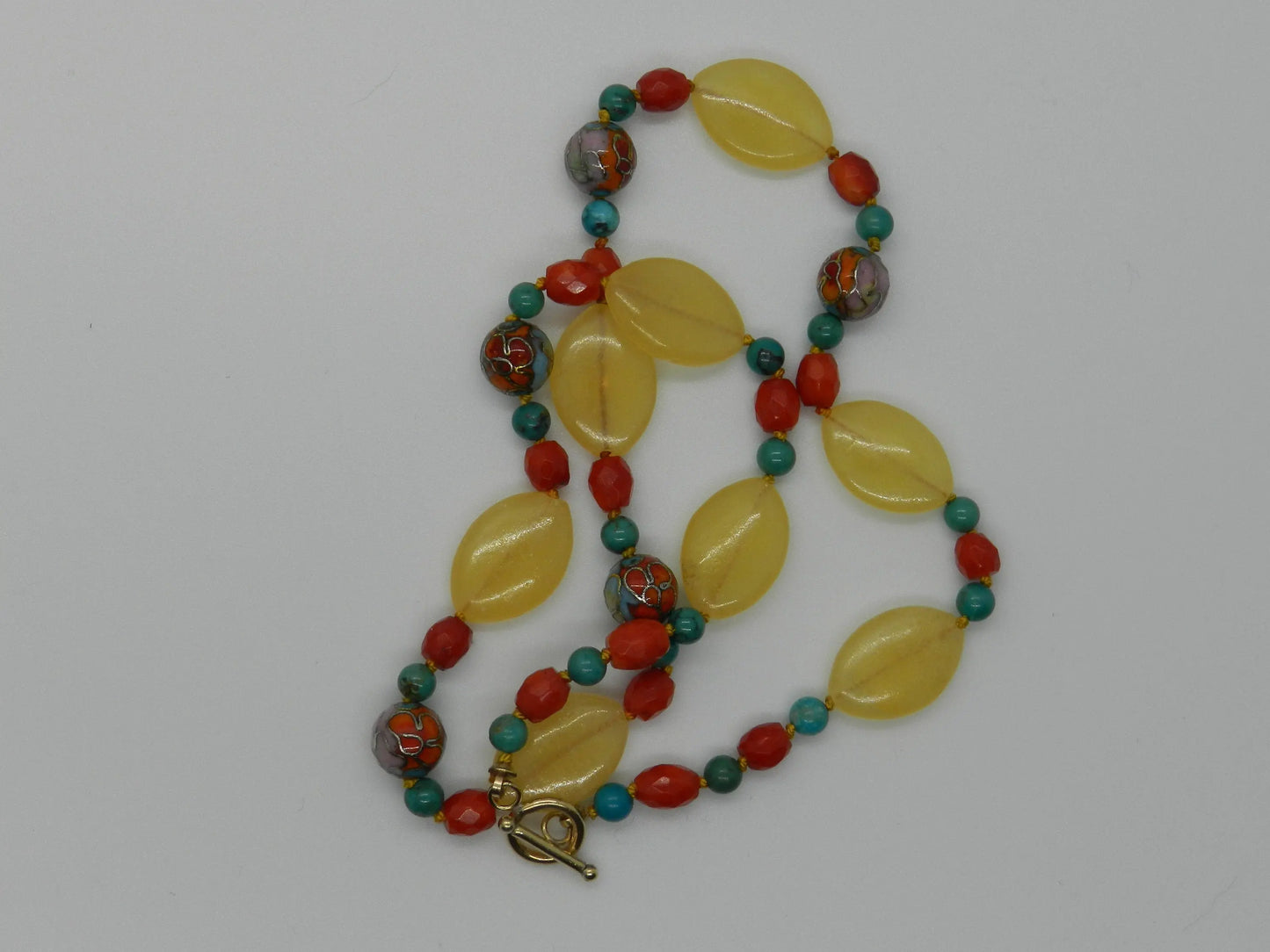 16 inch MultiColor Necklace with Cloisonné, Coral, Calcite & Turquoise Beads, Gold Clasp, Etsy
