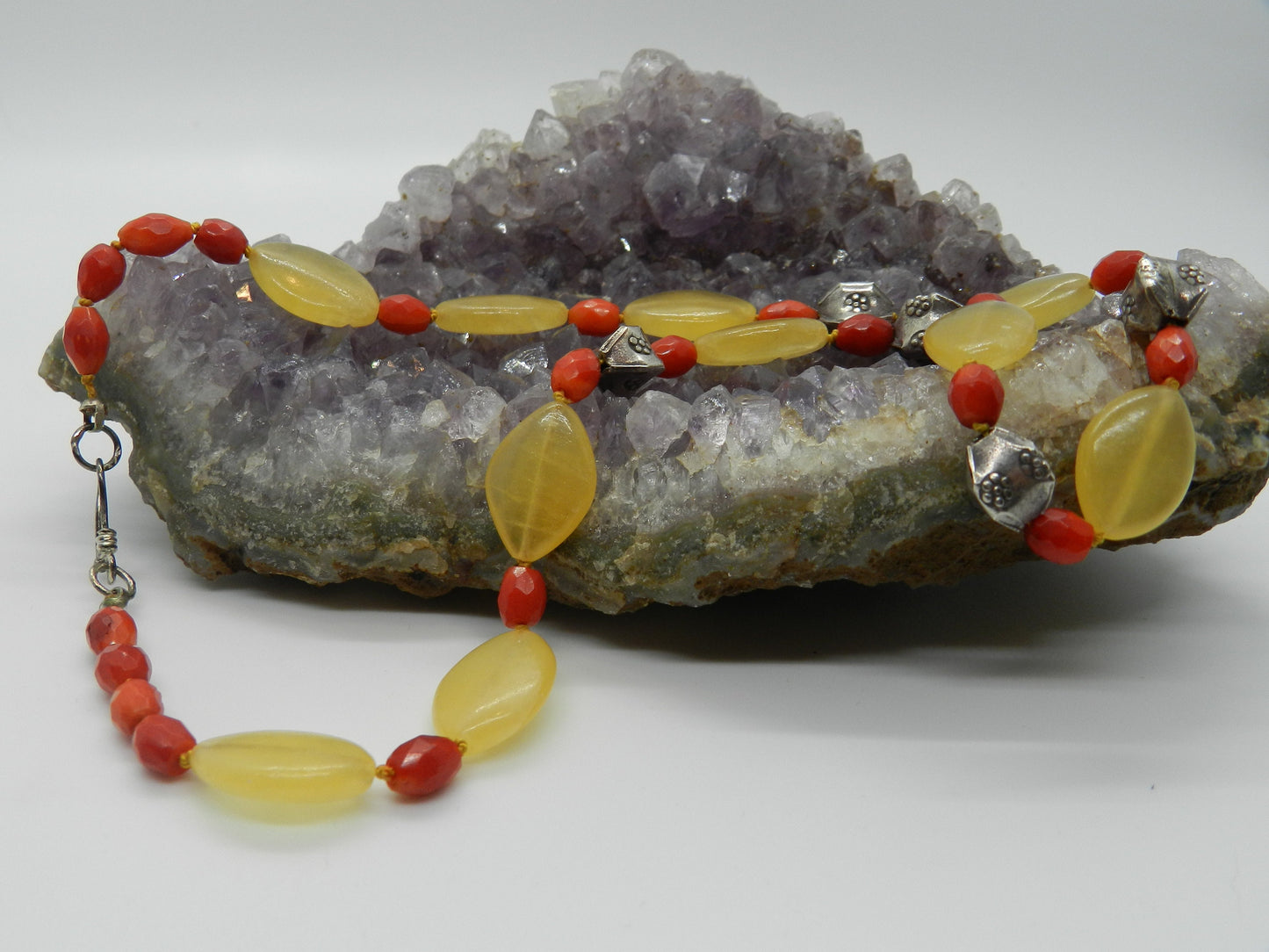 16 Inch Calcite, Faceted Coral and Sterling Beaded Necklace