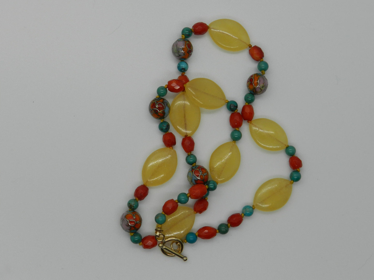 16 Inch Cloisonné, Coral, Calcite and Turquoise Necklace