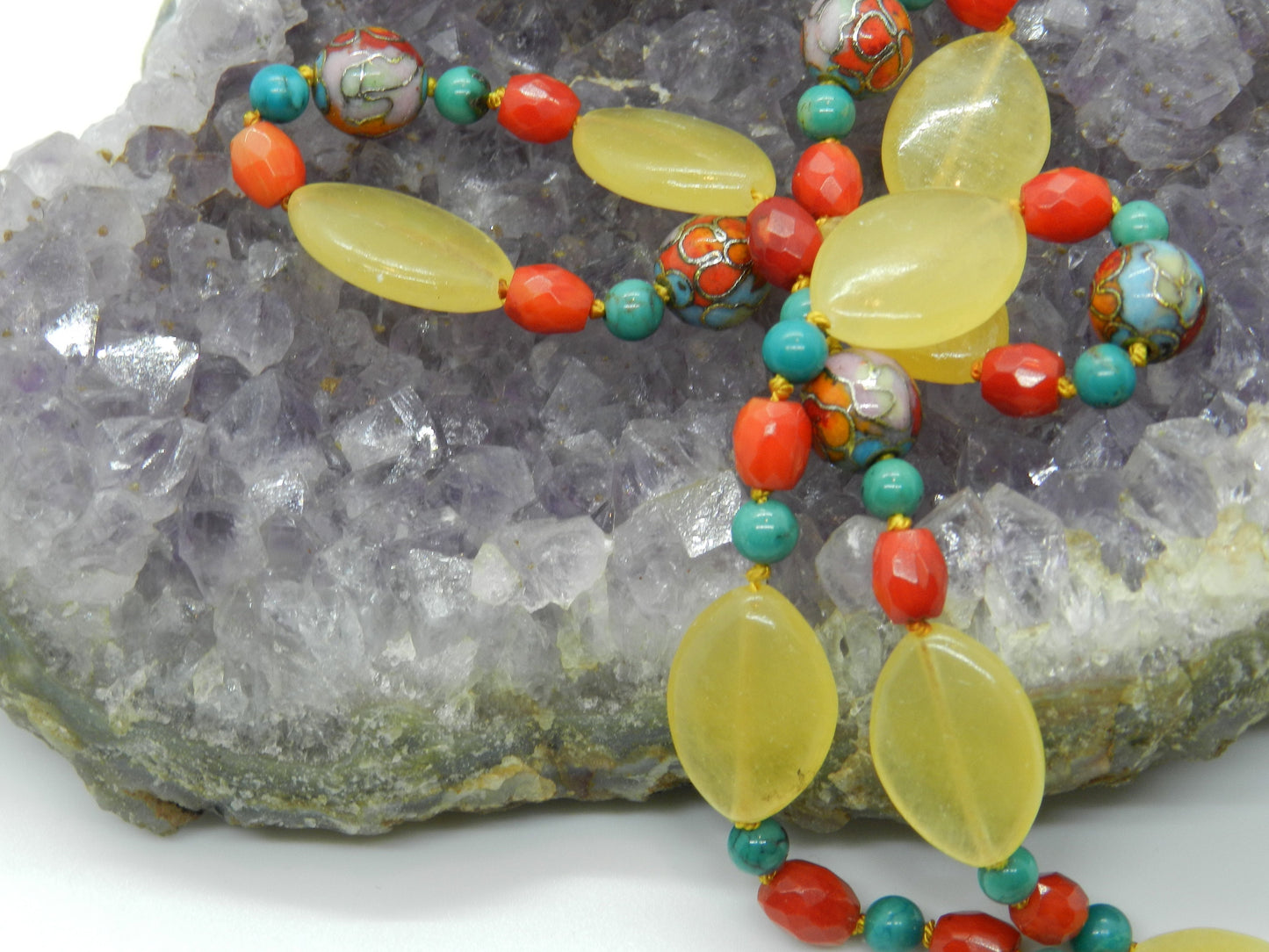 16 Inch Cloisonné, Coral, Calcite and Turquoise Necklace