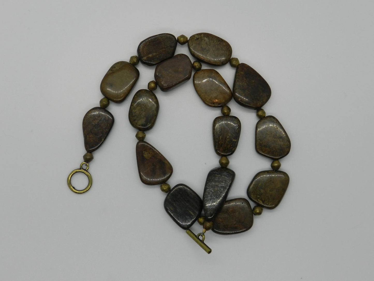 Bronzite and Brass Necklace, Beautiful Bronze Color, Necklace Gift, Brass Beads, Brass Clasp, 16" - Planet Jordan Jewels