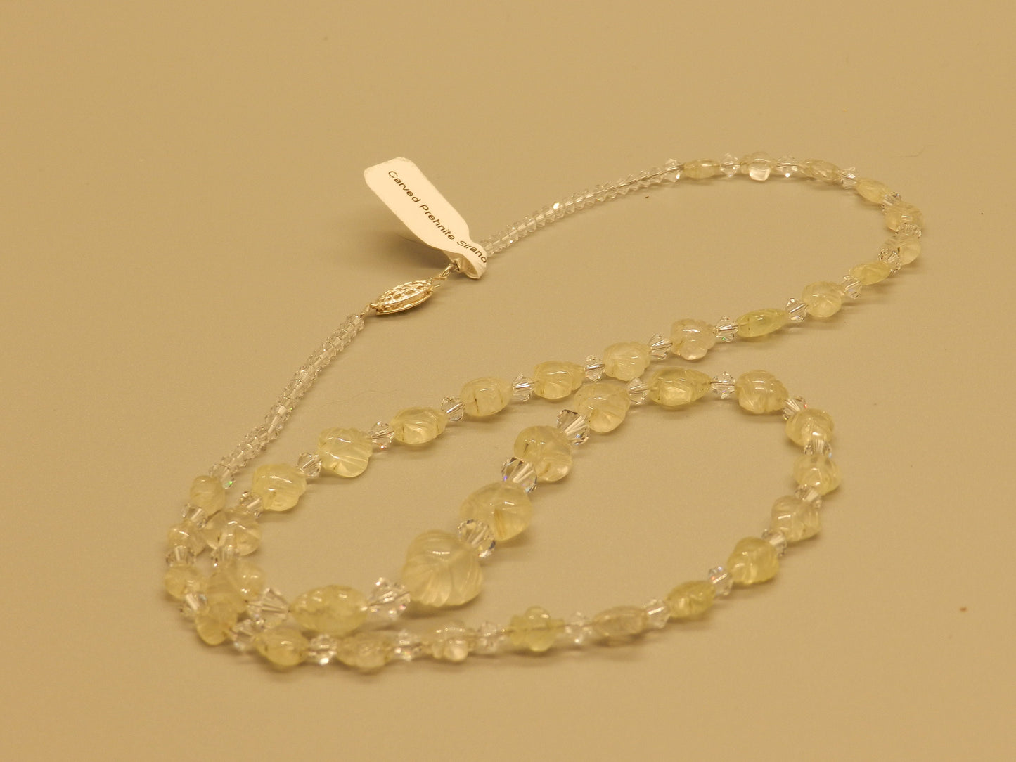 Pale Green Prehnite Floral Carved Beads with Swarovski Crystal and Sterling Filigree Clasp