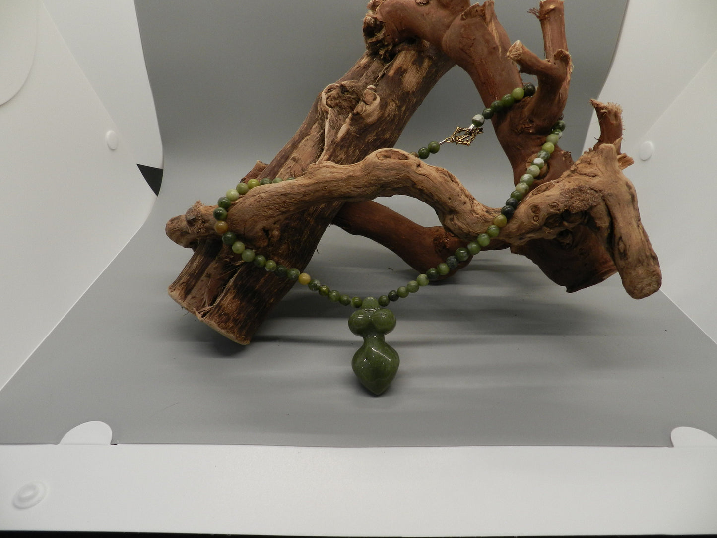 Jade and Serpentine Goddess Necklace with Brass Clasp