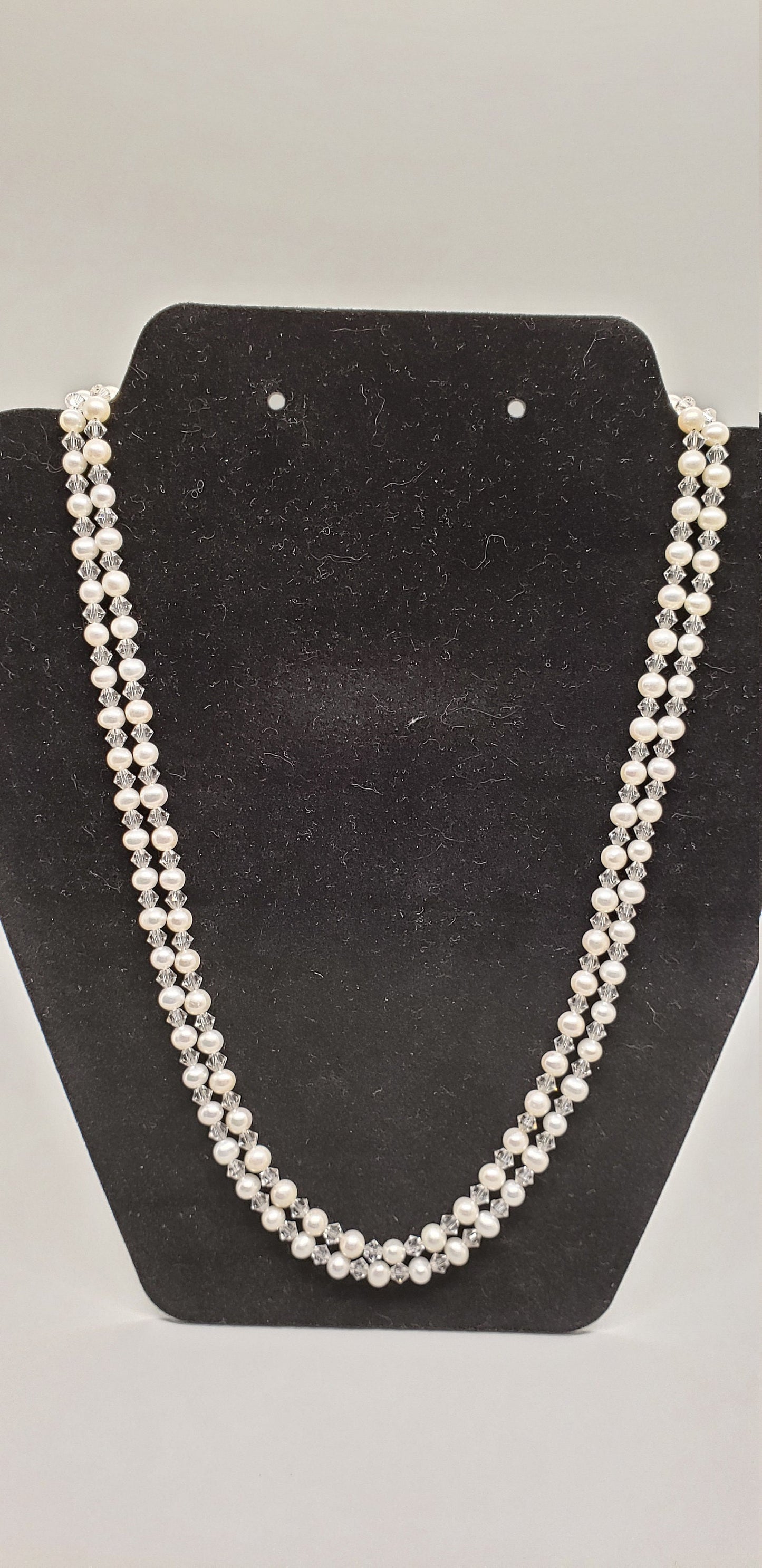 22 " Pearl and Swarovski 2 Strand Necklace with Sterling Clasp