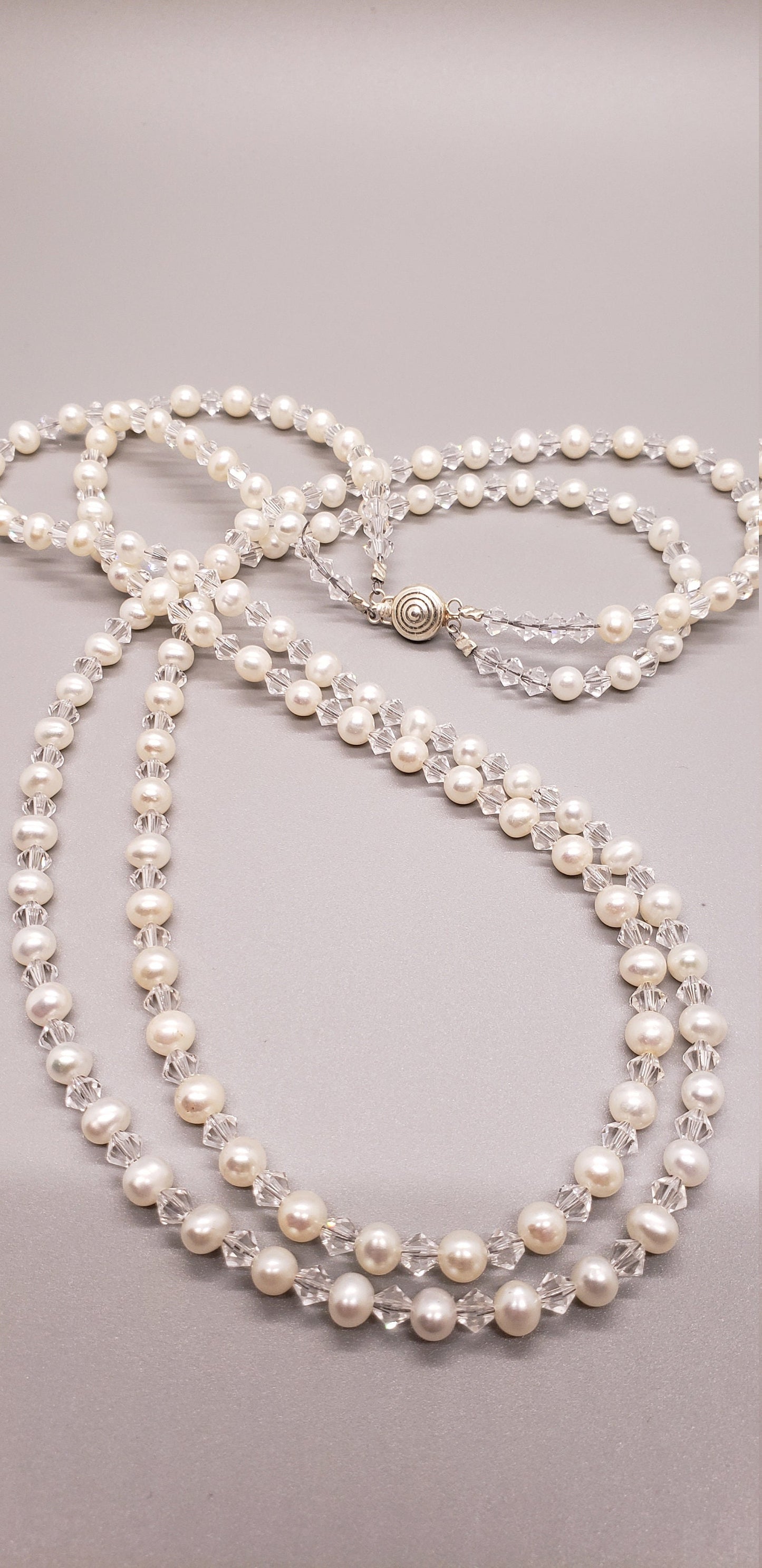 22 " Pearl and Swarovski 2 Strand Necklace with Sterling Clasp
