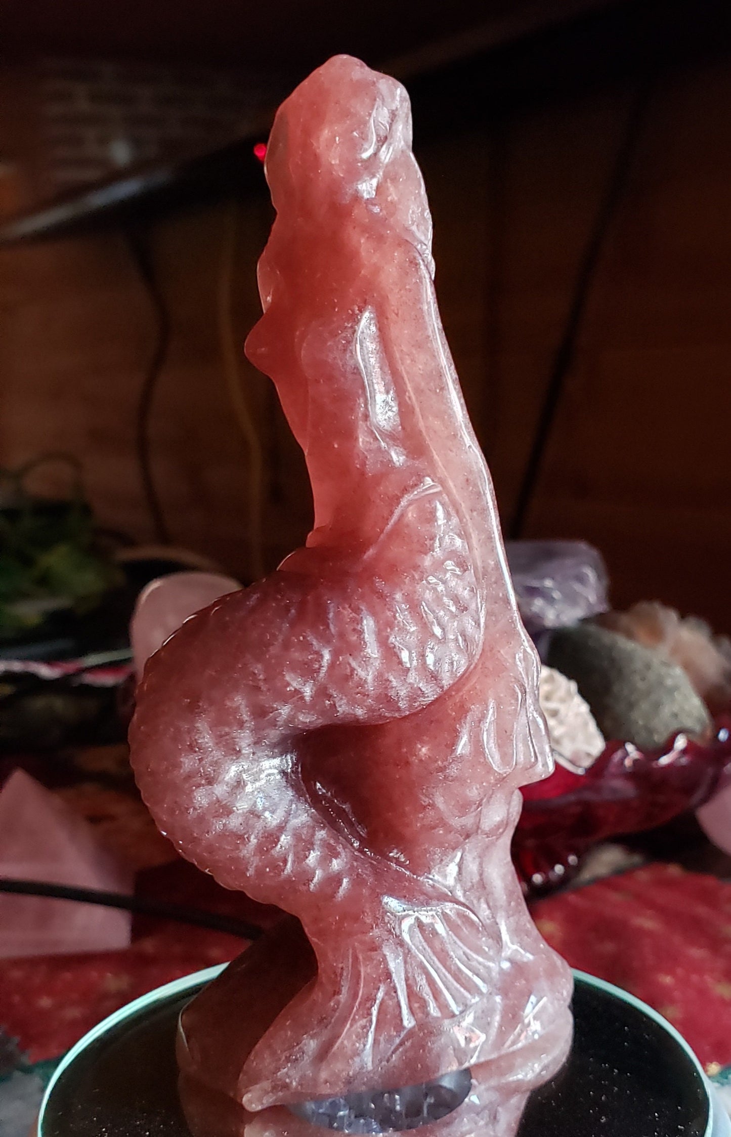 Yellow Calcite Mermaid 4.75" tall and Strawberry Quartz Mermaid