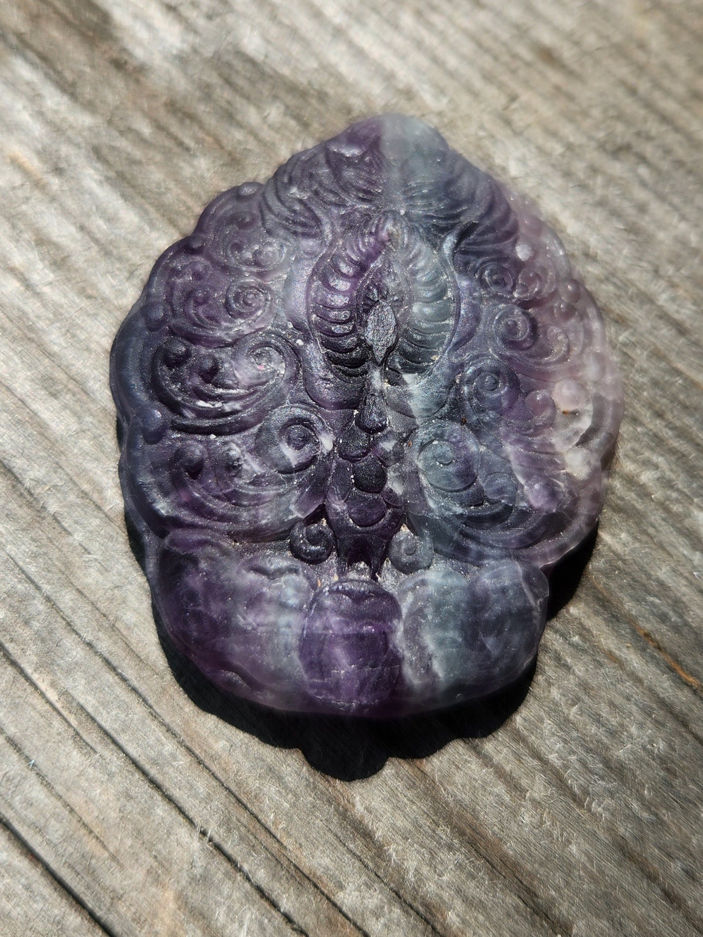 Fluorite carvings, Coy Fish, Butterfly, Peacock