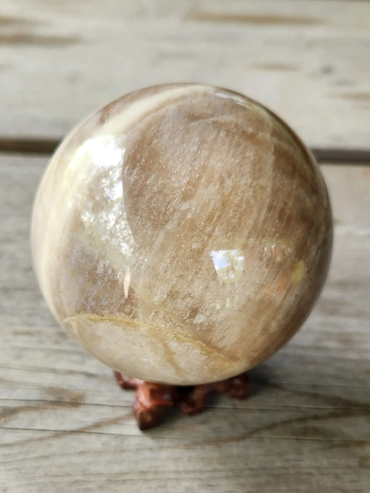 Medium Peach Moonstone Sphere with Carved Wood Stand, Carved Crystal Sphere, 3.43" Diameter, 2lb 1.2oz, Etsy