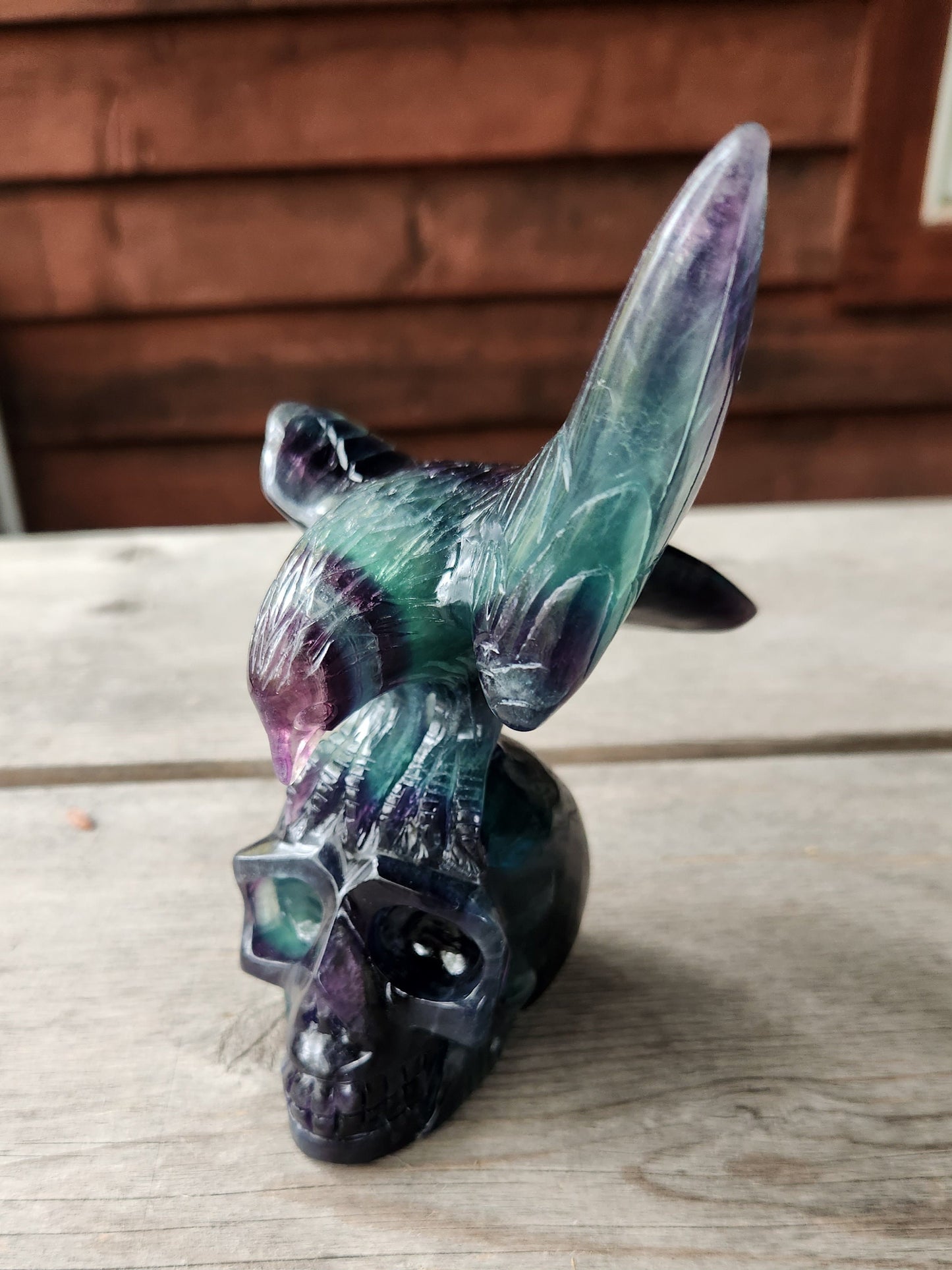 Large Rare Carved Blue / Purple Fluorite Eagle with Skull