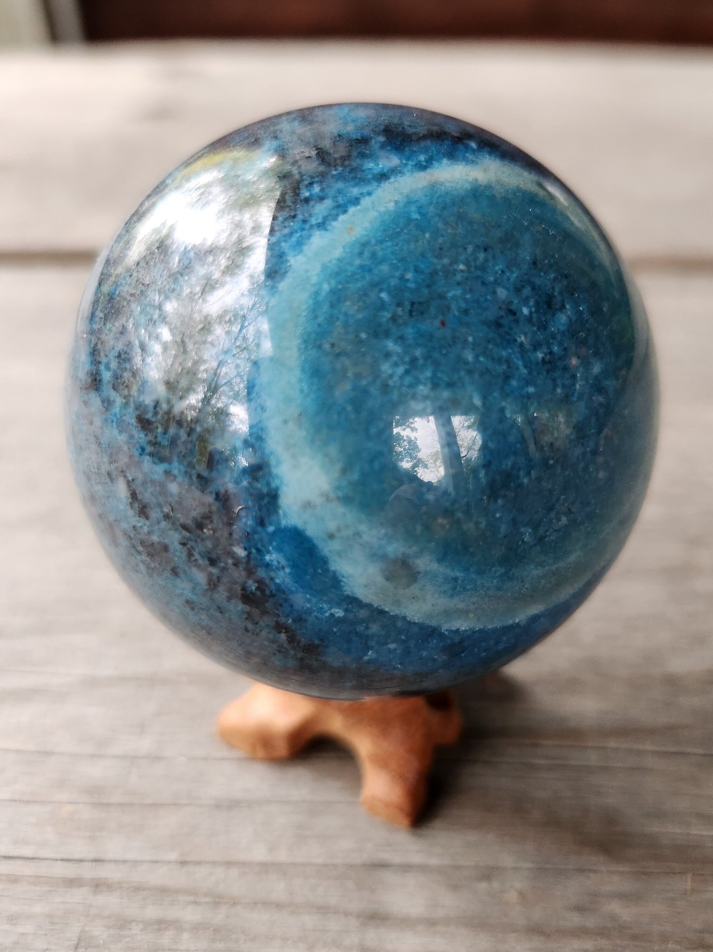 Rare Trolleite Sphere with Carved Wooden Stand