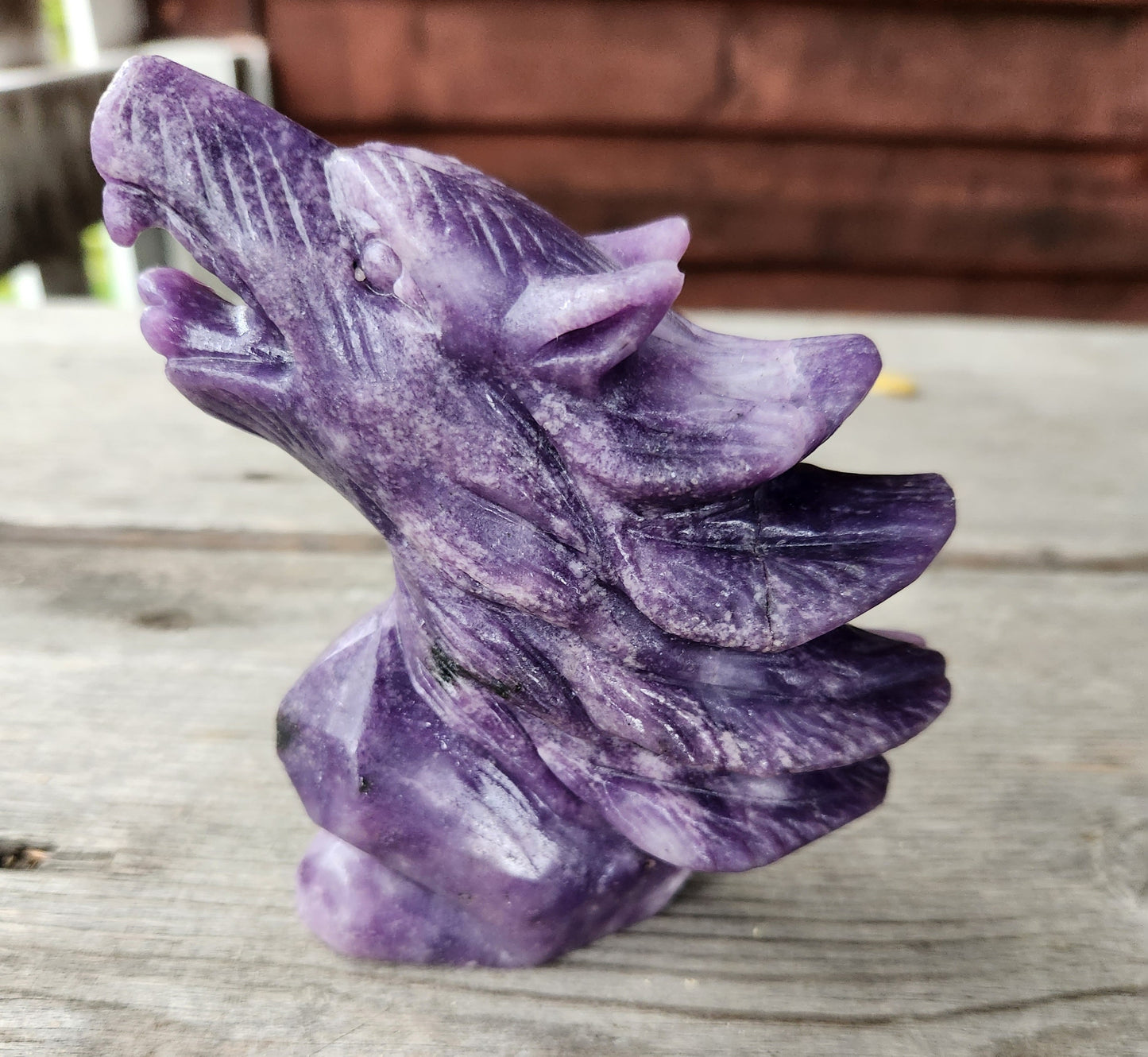 Carved Lepidolite Wolf Head