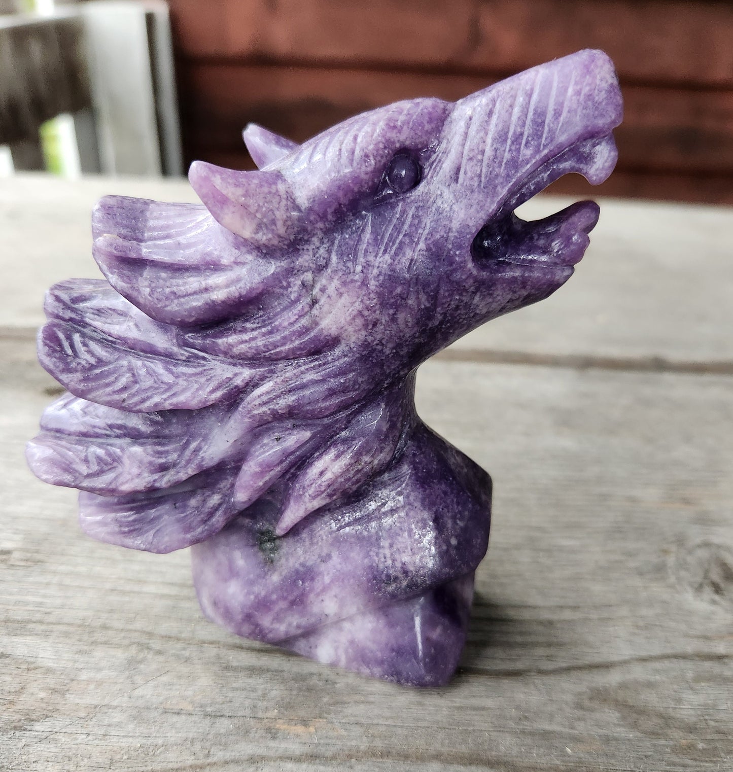 Carved Lepidolite Wolf Head