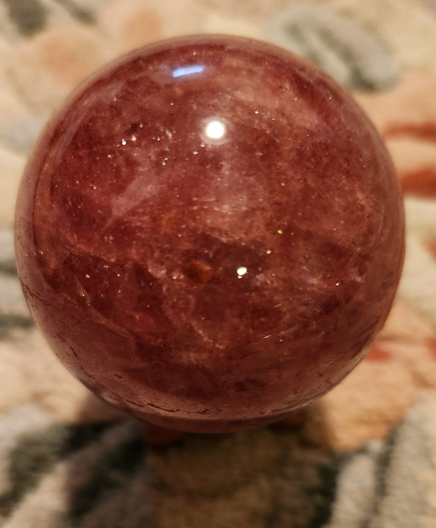 Strawberry Quartz Sphere with Carved Wood Stand