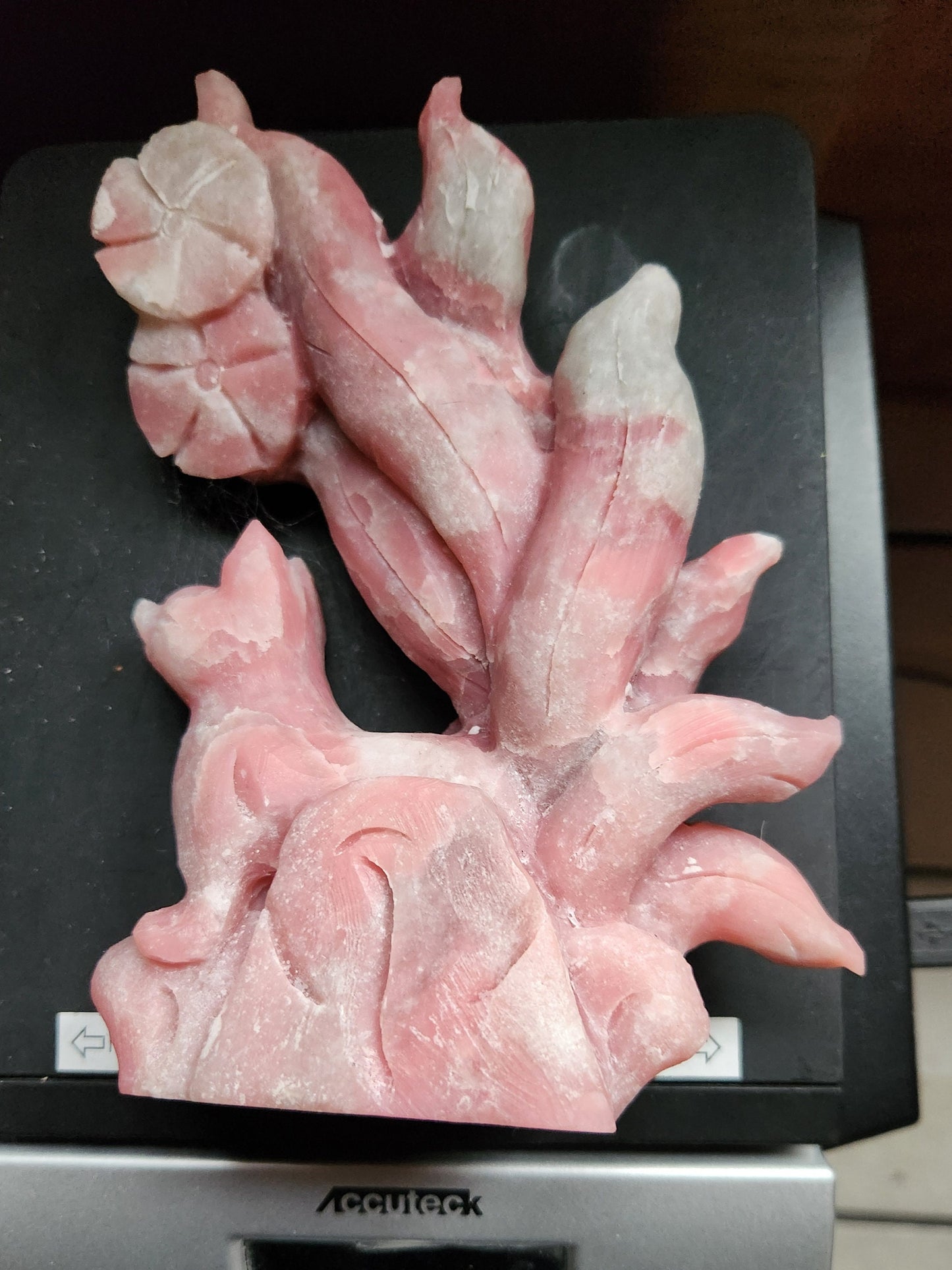 Carved Pink Opal Nine Tail Fox with Flowers