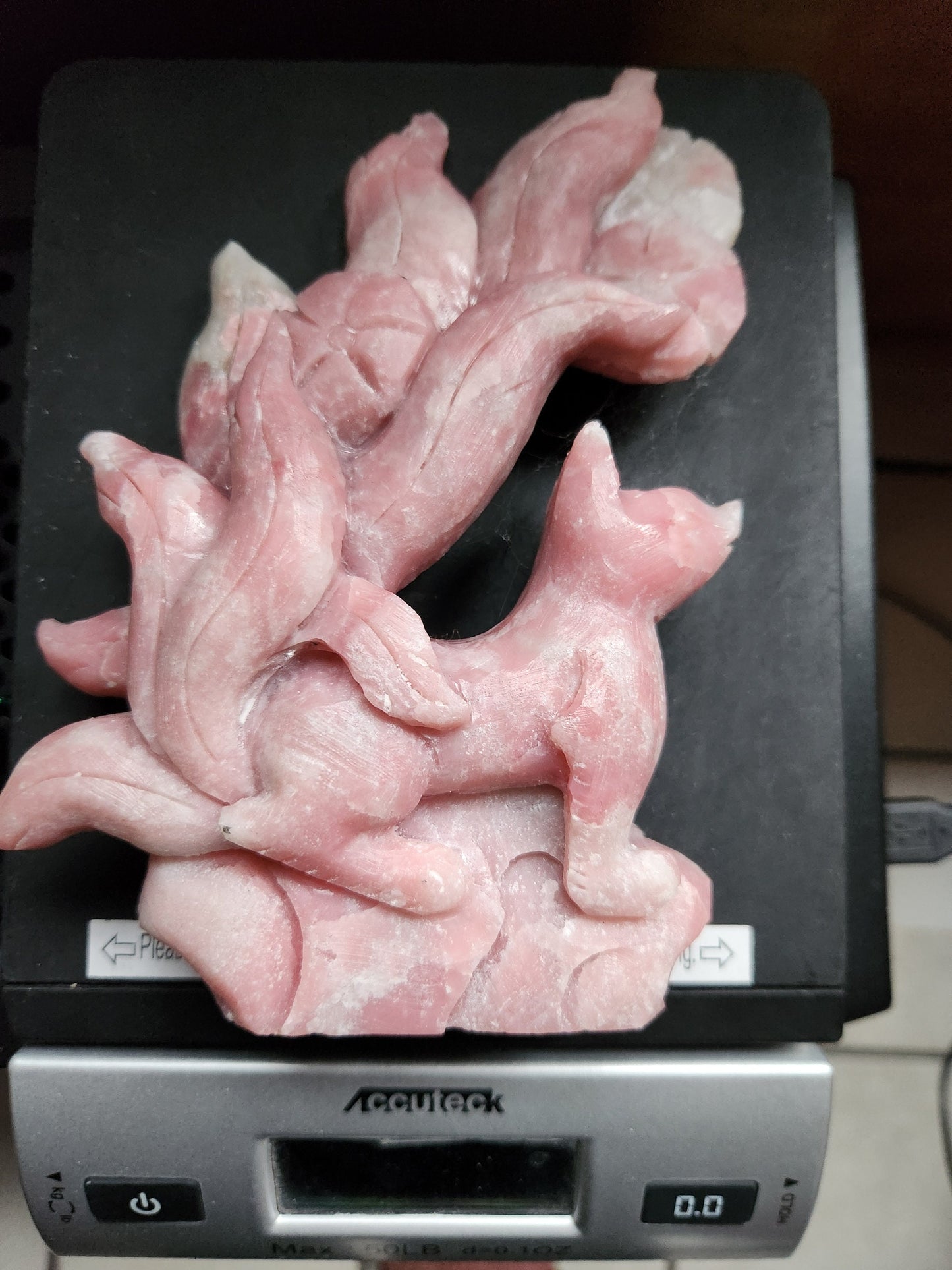 Carved Pink Opal Nine Tail Fox with Flowers