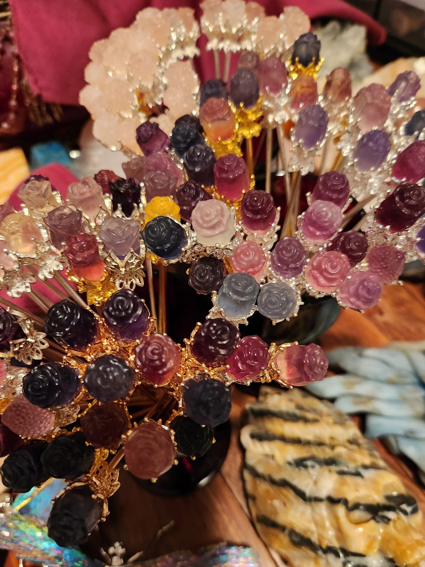 Fluorite and Rose Quartz Rose Pins