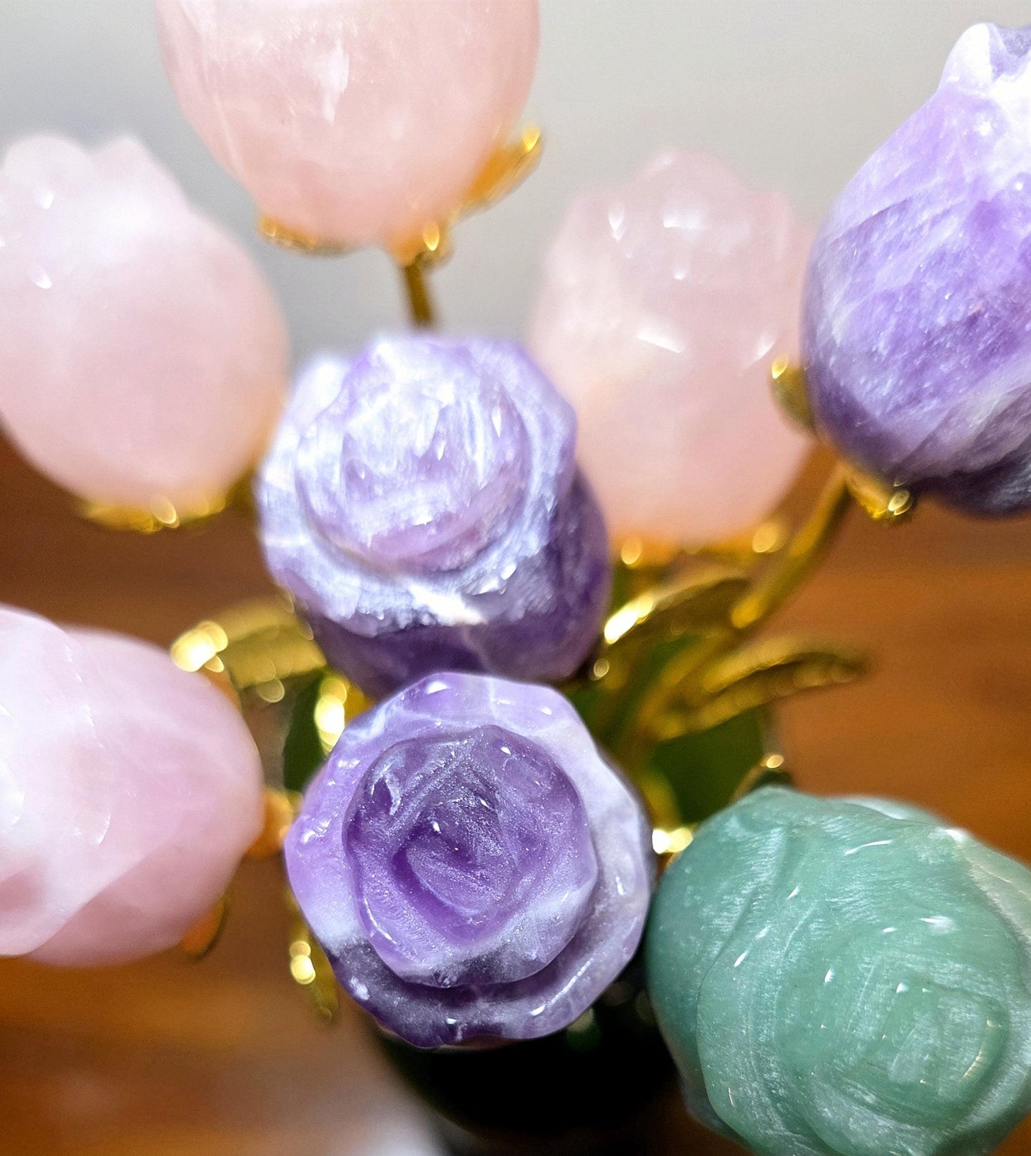 Crystal Rose Buds Mini, Gold Stem | Carved Gemstone Roses | Wedding Flowers, Stone Flower Centerpiece