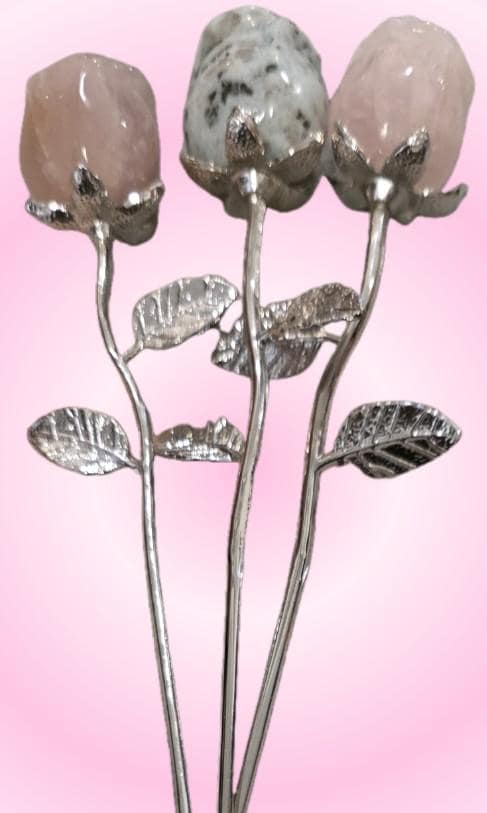 Crystal Rose Mini Buds on Silver Stems, Carved Gemstone Flowers | Wedding Centerpieces, Healing Stones
