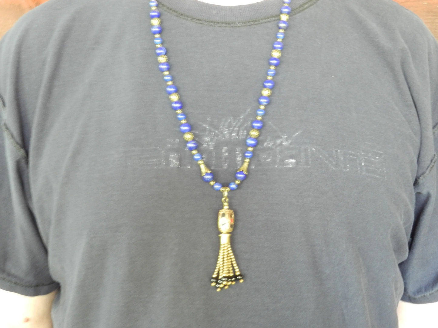 Lapis Lazuli Necklace 26", Rare Lapis Lazuli Gemstone Necklace, Gem Grade Lapis, Long Necklace with Brass and Tassle, Leaf Clasp Etsy