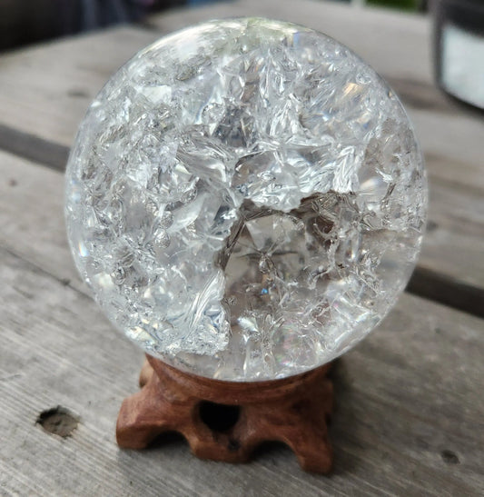 Fire And Ice Crackle Quartz Crystal Ball, Tallsman, Carved Wooden Stand Etsy
