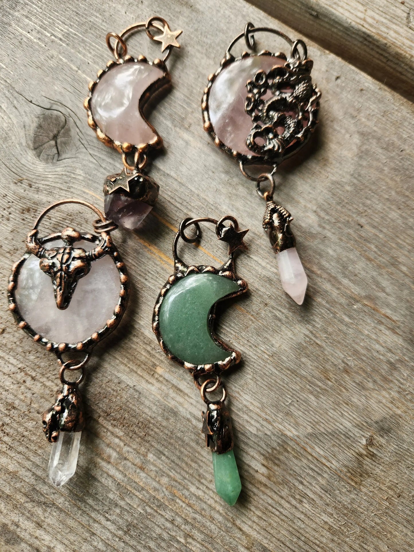 Crystal pendants ,Rose Quartz,Green Aventurine Stone , Copper Setting, Moon, Dragon,Star Gemstone Dangle. Etsy