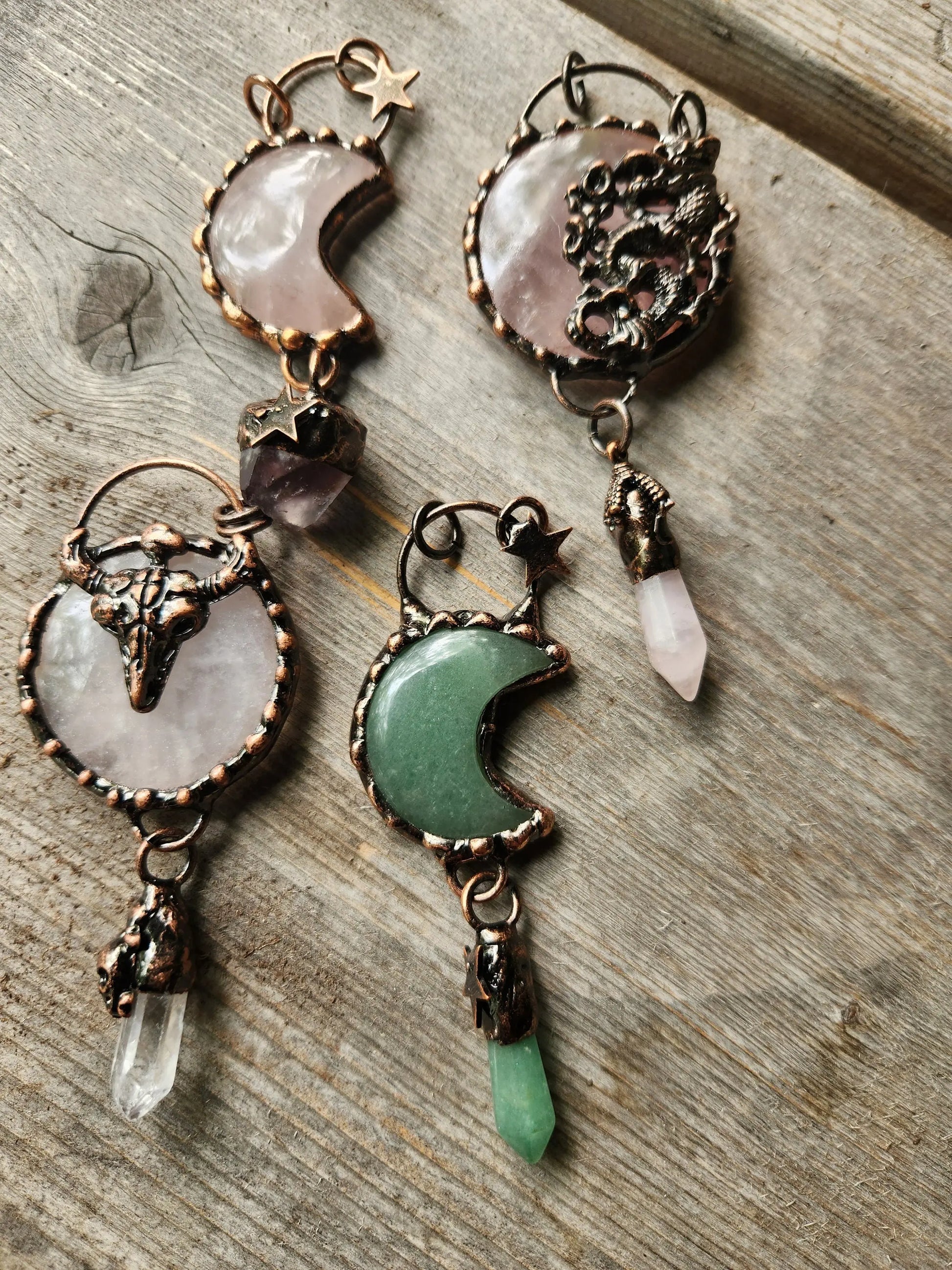 Crystal pendants ,Rose Quartz,Green Aventurine Stone , Copper Setting, Moon, Dragon,Star Gemstone Dangle. Etsy