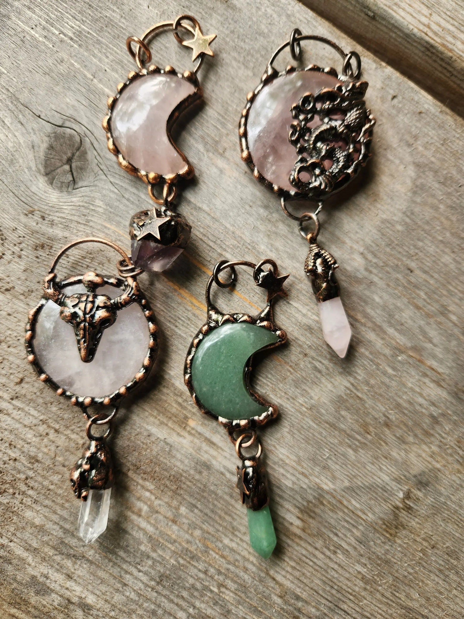 Crystal pendants ,Rose Quartz,Green Aventurine Stone , Copper Setting, Moon, Dragon,Star Gemstone Dangle. Etsy