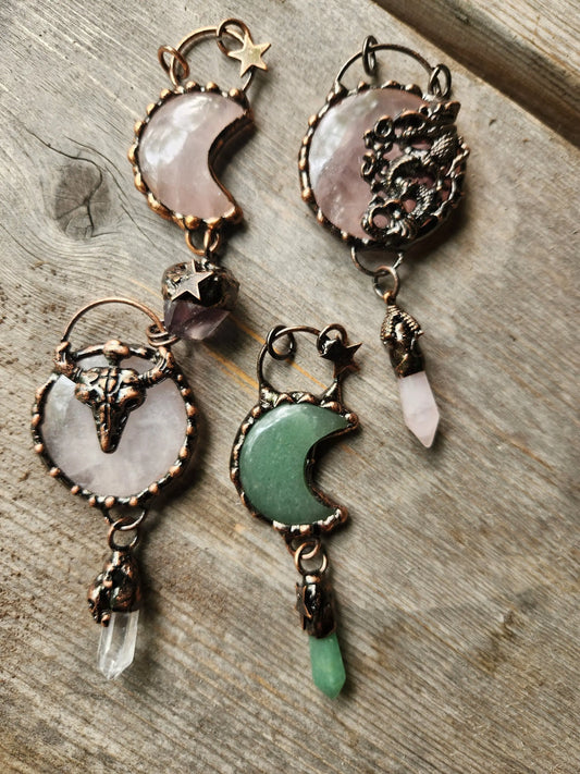 Crystal pendants ,Rose Quartz,Green Aventurine Stone , Copper Setting, Moon, Dragon,Star Gemstone Dangle. Etsy