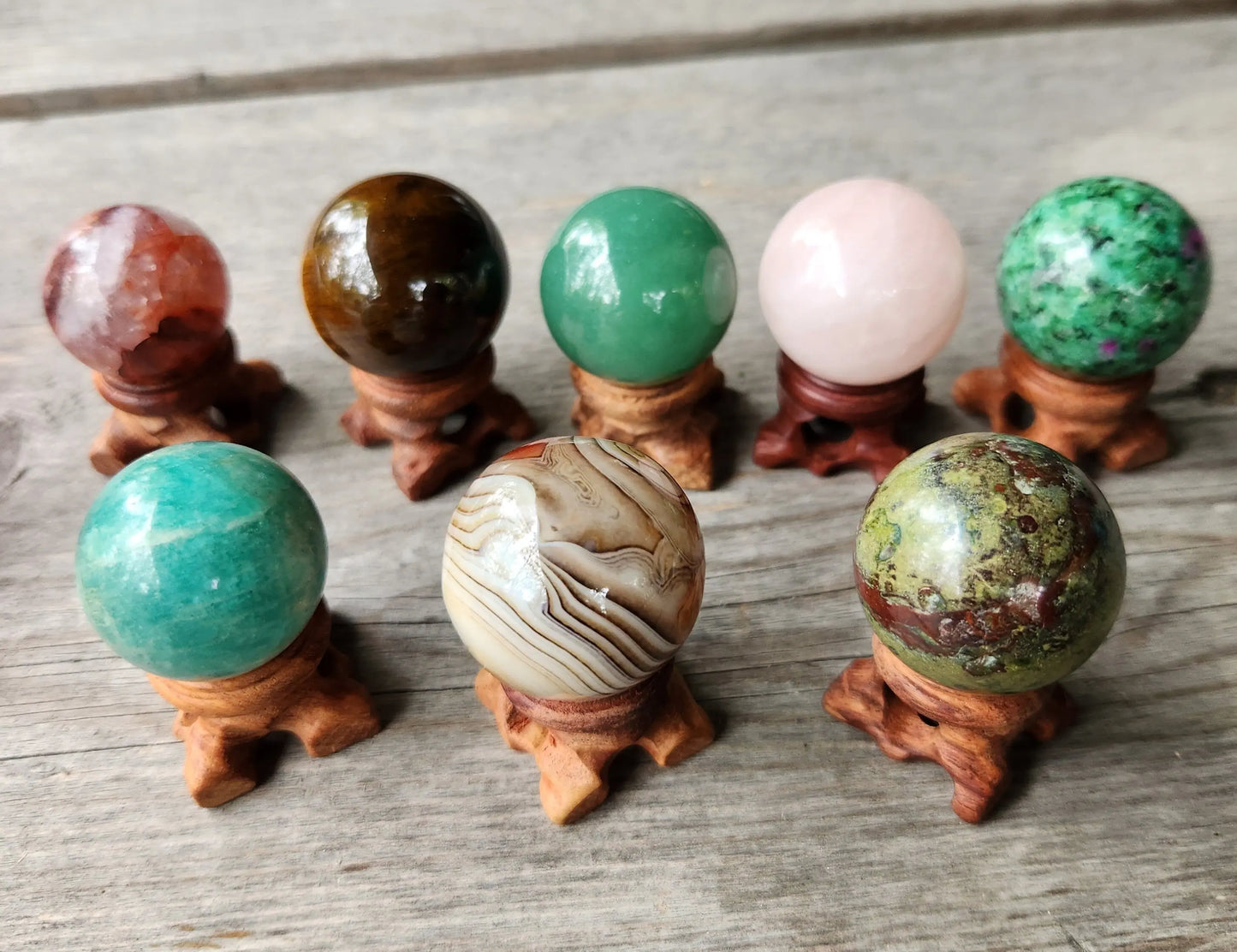 Crystal Balls, Hand-Carved Gemstone Spheres with Wooden Stands, Rose Quartz, Tiger Eye, Ruby Zoisite, Chakra Healing, Energy Balance Etsy