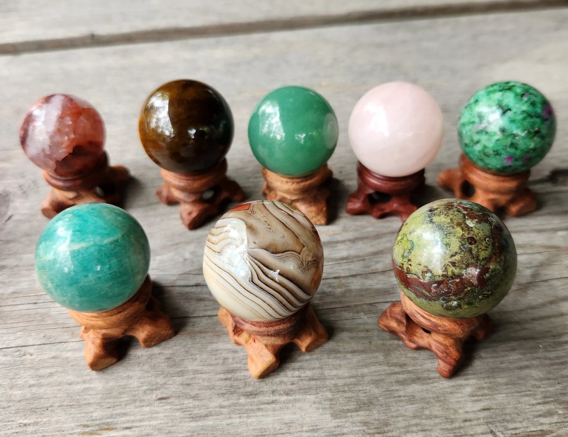 Crystal Balls, Hand-Carved Gemstone Spheres with Wooden Stands, Rose Quartz, Tiger Eye, Ruby Zoisite, Chakra Healing, Energy Balance Etsy
