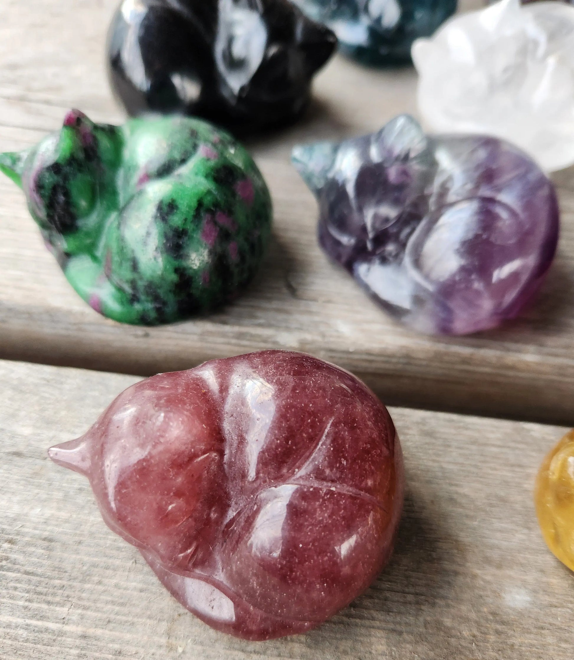 Carved Crystal Kittens, Sleeping Gemstone Cats Natural Fluorite, Ruby Zoisite, Quartz, Obsidian Healing Energy Etsy