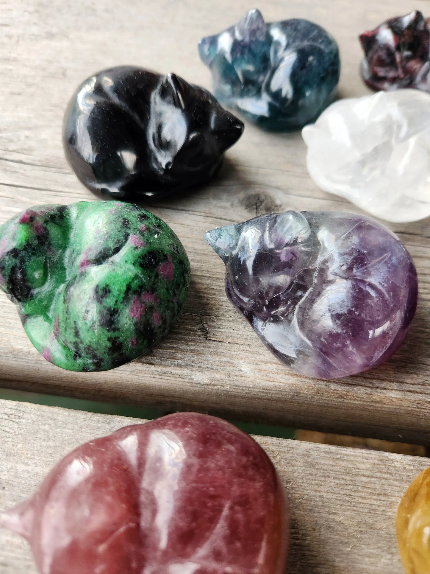 Carved Crystal Kittens, Sleeping Gemstone Cats Natural Fluorite, Ruby Zoisite, Quartz, Obsidian Healing Energy Etsy