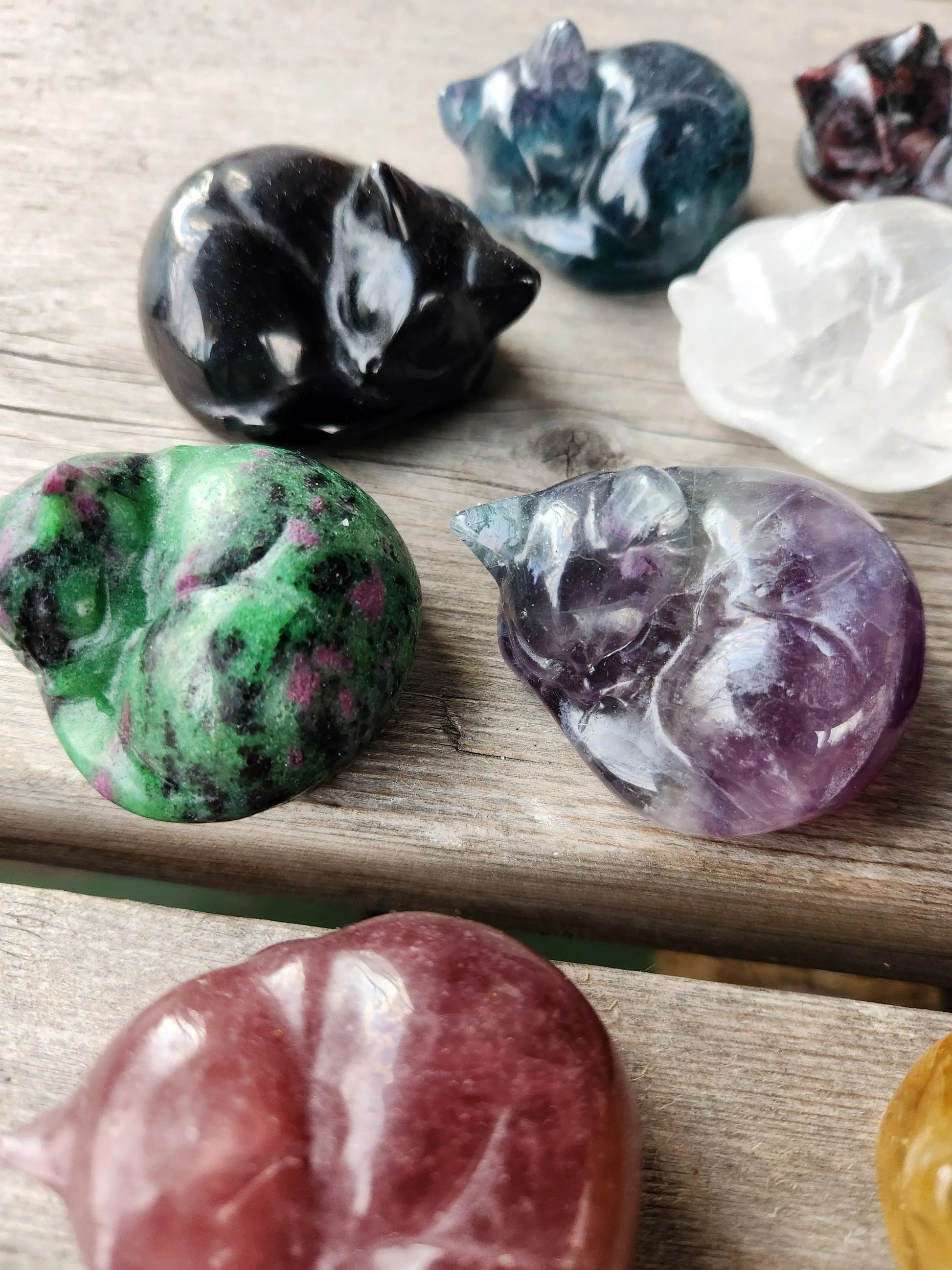 Carved Crystal Kittens, Sleeping Gemstone Cats Natural Fluorite, Ruby Zoisite, Quartz, Obsidian Healing Energy Etsy