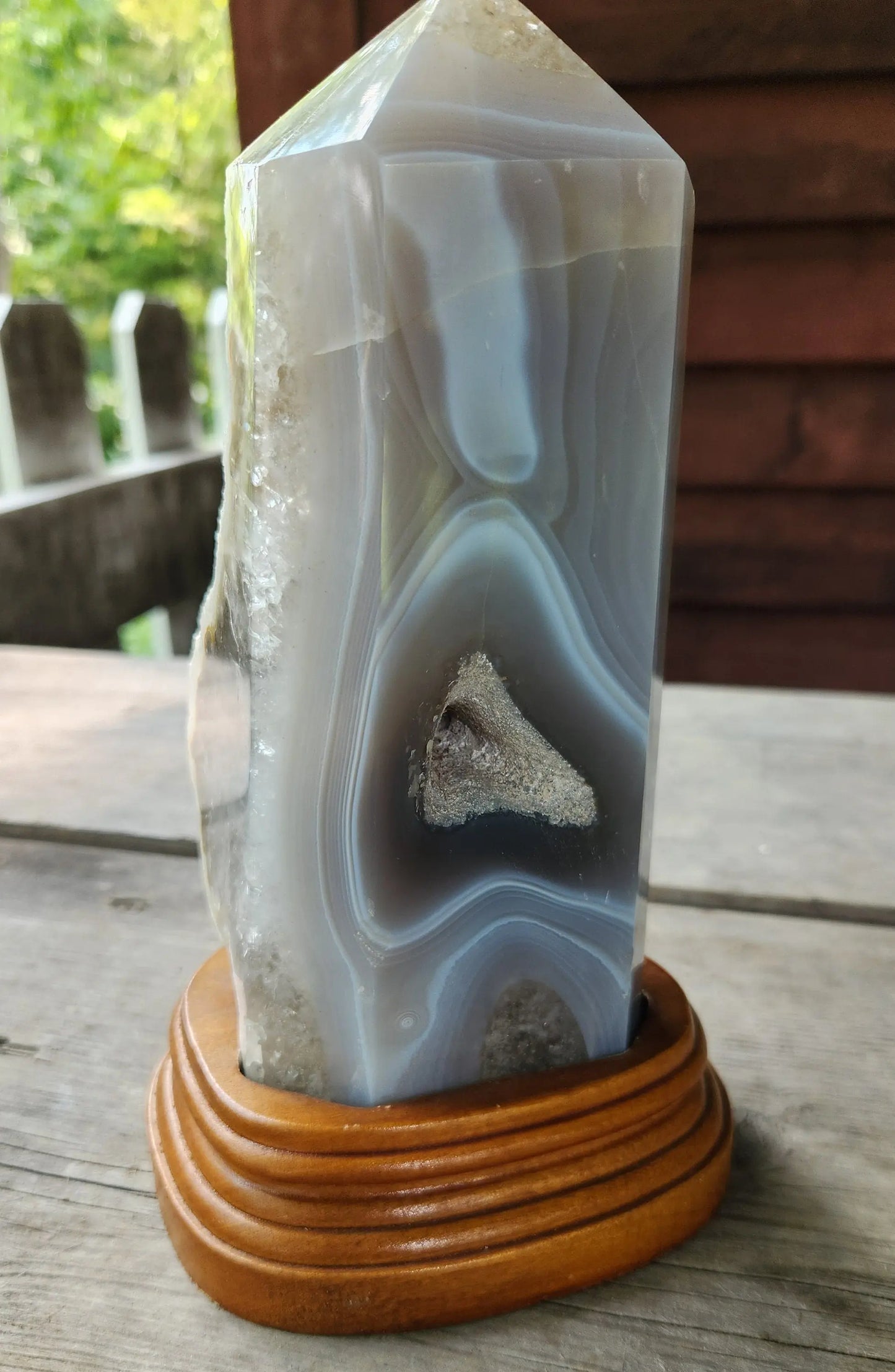 Druzy Agate Crystal Tower, Carved Wooden stand Etsy