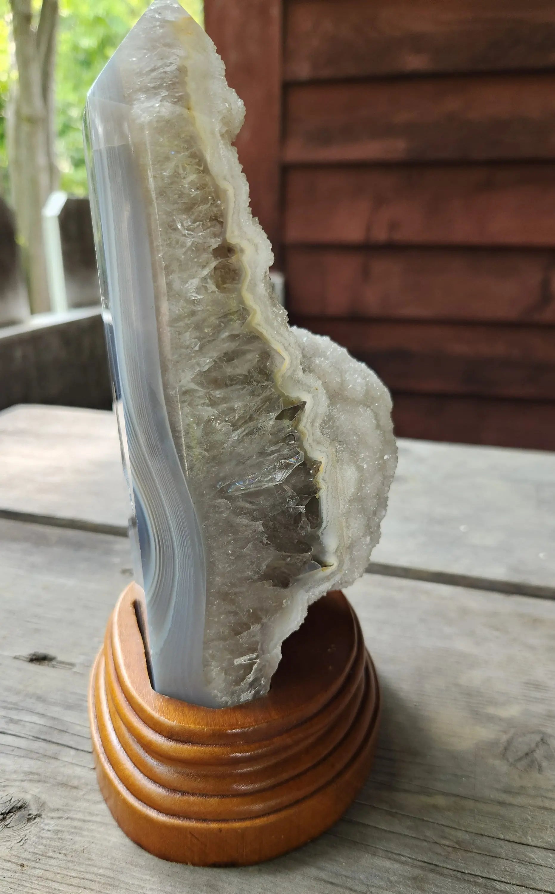 Druzy Agate Crystal Tower, Carved Wooden stand Etsy