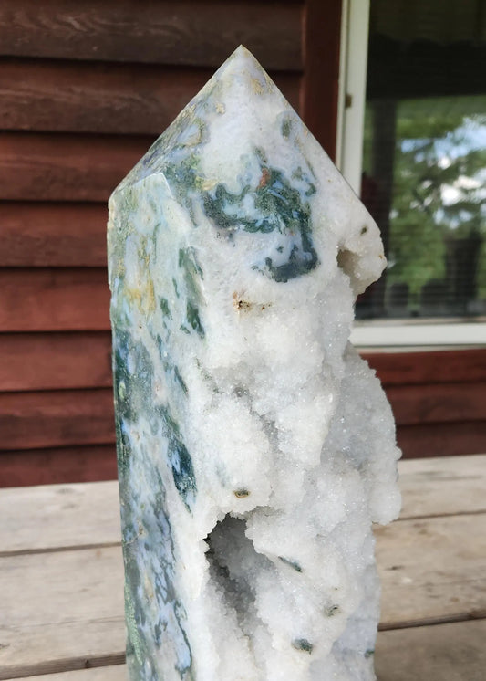 Show Stopper Moss Agate Crystal Tower with Druzy, Blue Green Chalcedony, White Quartz, Collector's Gem, Crystal Point Etsy