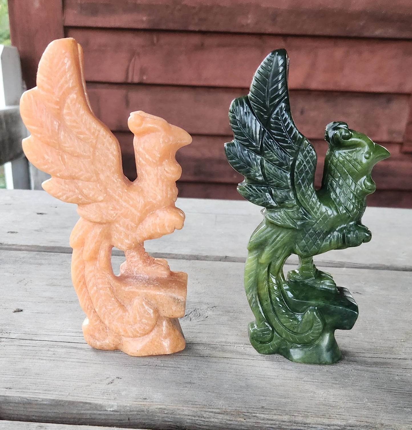 Carved Phoenix Birds | Sunstone and Green Jadeite Crystal Sculptures | Mythical Rising Creatures with Healing Qualities Etsy