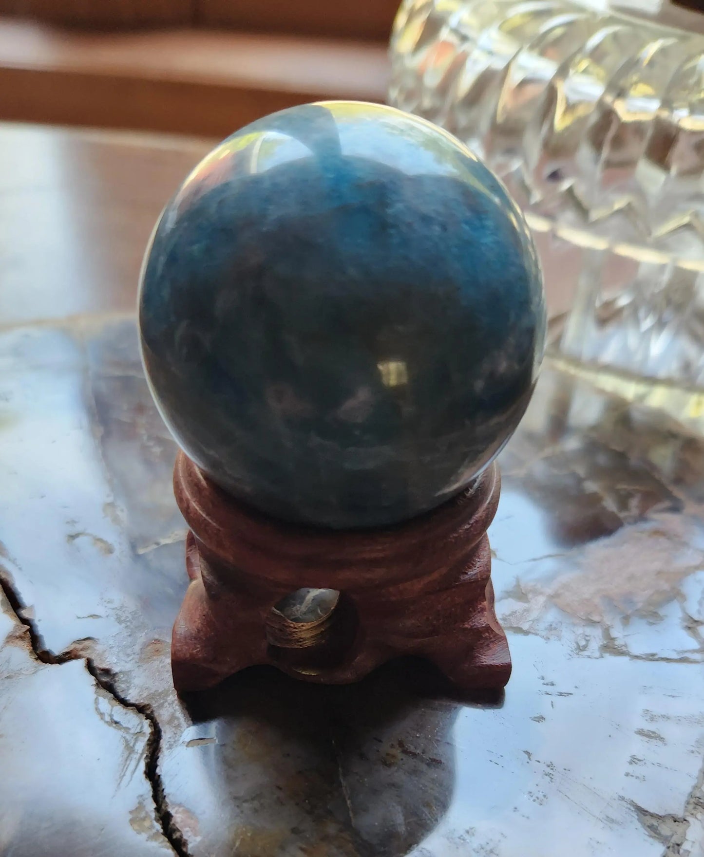 Carved Crystal Apatite Sphere,Blue Orb ,Wooden Stand,Clarity stone Etsy