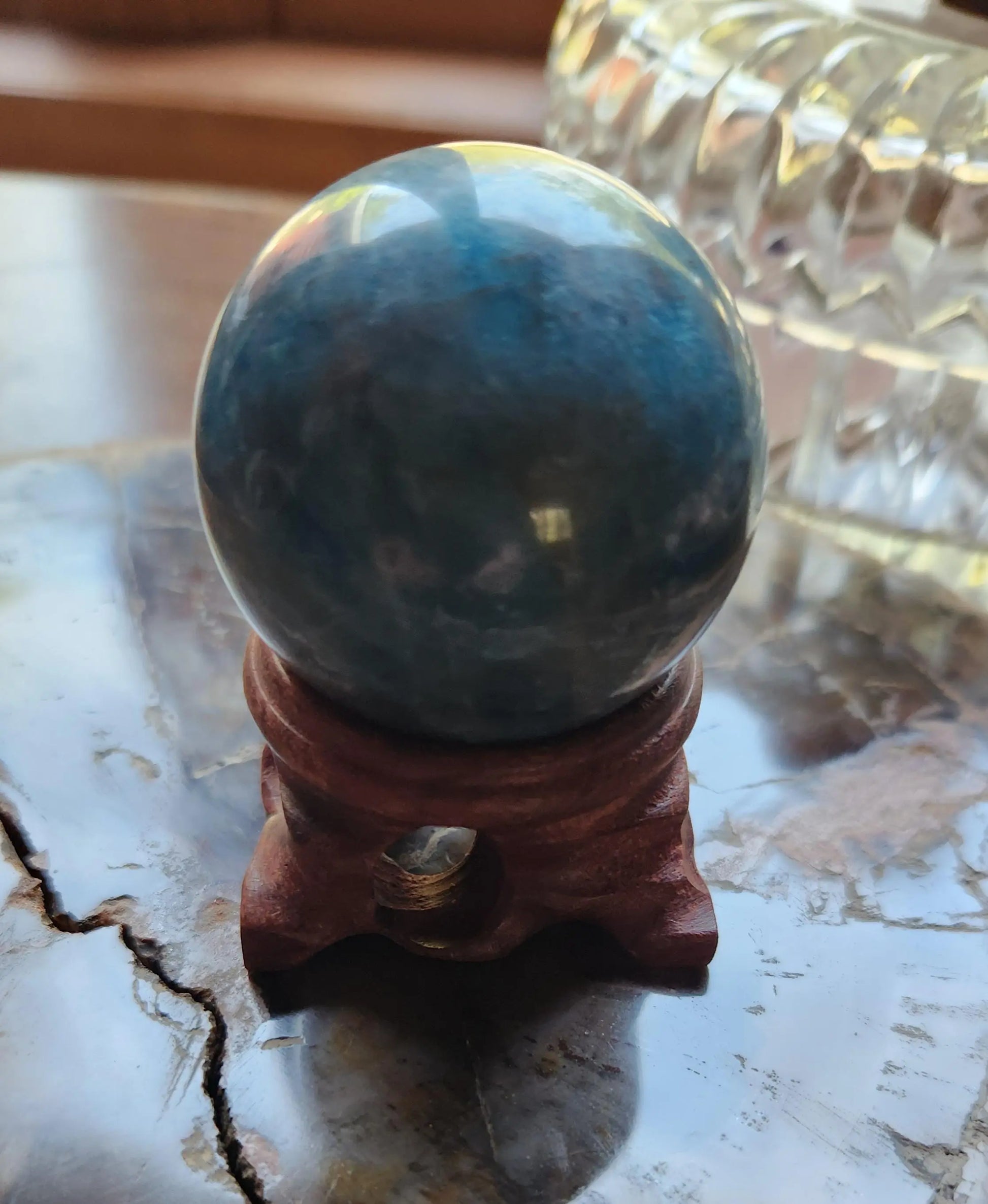 Carved Crystal Apatite Sphere,Blue Orb ,Wooden Stand,Clarity stone Etsy
