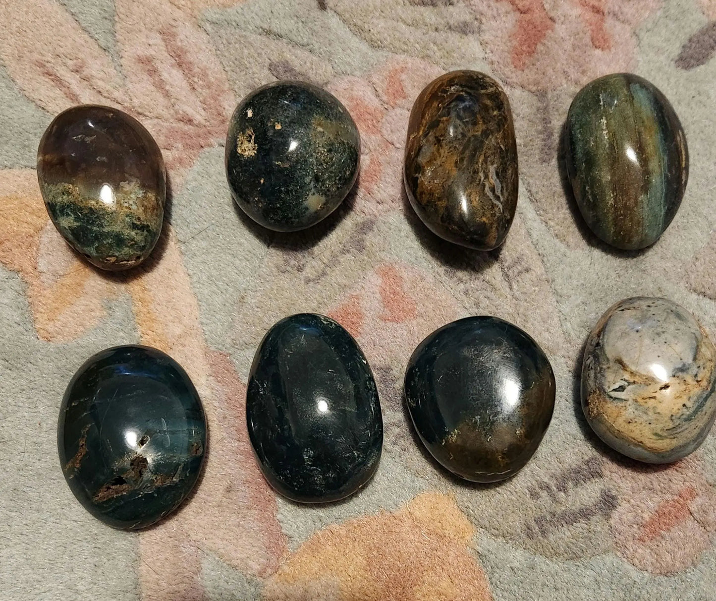 Small Ocean Jasper Palm Stones, orb pattern, carved crystal, calming energy, Madagascar orbicular jasper, Etsy