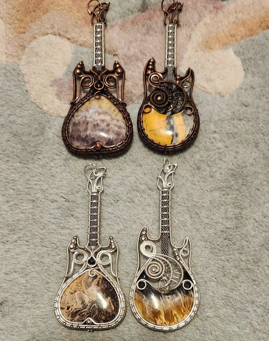 Wire Wrapped Electric Guitar Jewelry Pendants, Musician Gift, Moss Agate, Garden Quartz, Etsy