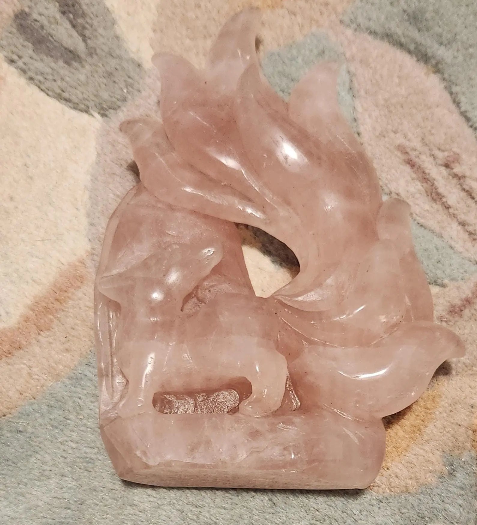 Rose Quartz Nine Tail Fox Carving, Hyaline Quartz Fox, Heart and the Throat Chakra, Communicates Love, Self-Care, Mythical Fox Carving Etsy