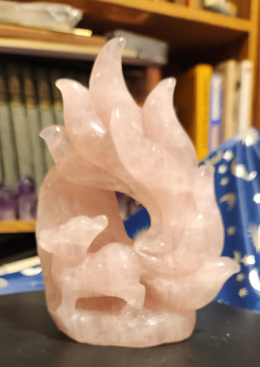 Rose Quartz Nine Tail Fox Carving, Hyaline Quartz Fox, Heart and the Throat Chakra, Communicates Love, Self-Care, Mythical Fox Carving Etsy