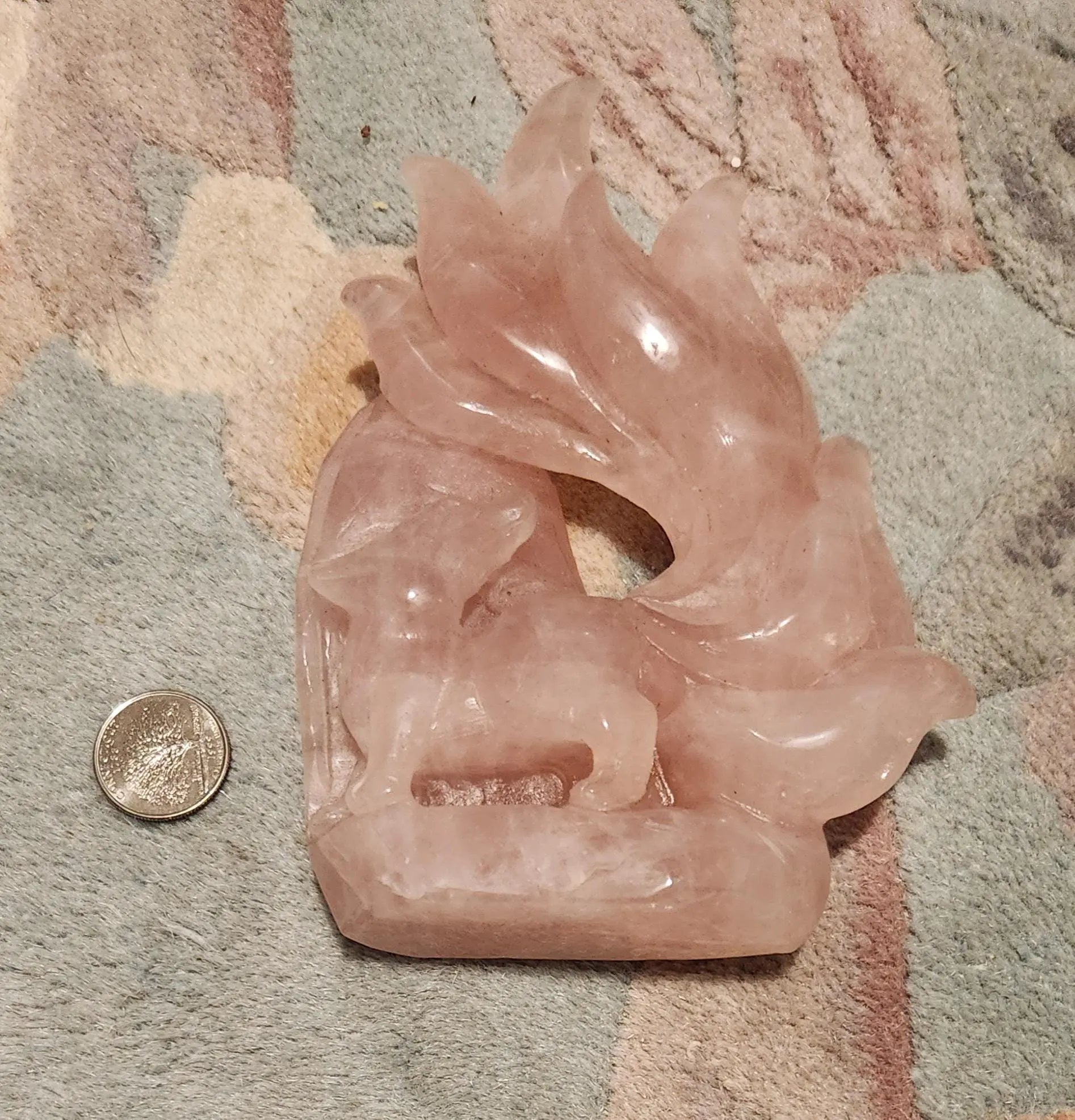 Rose Quartz Nine Tail Fox Carving, Hyaline Quartz Fox, Heart and the Throat Chakra, Communicates Love, Self-Care, Mythical Fox Carving Etsy